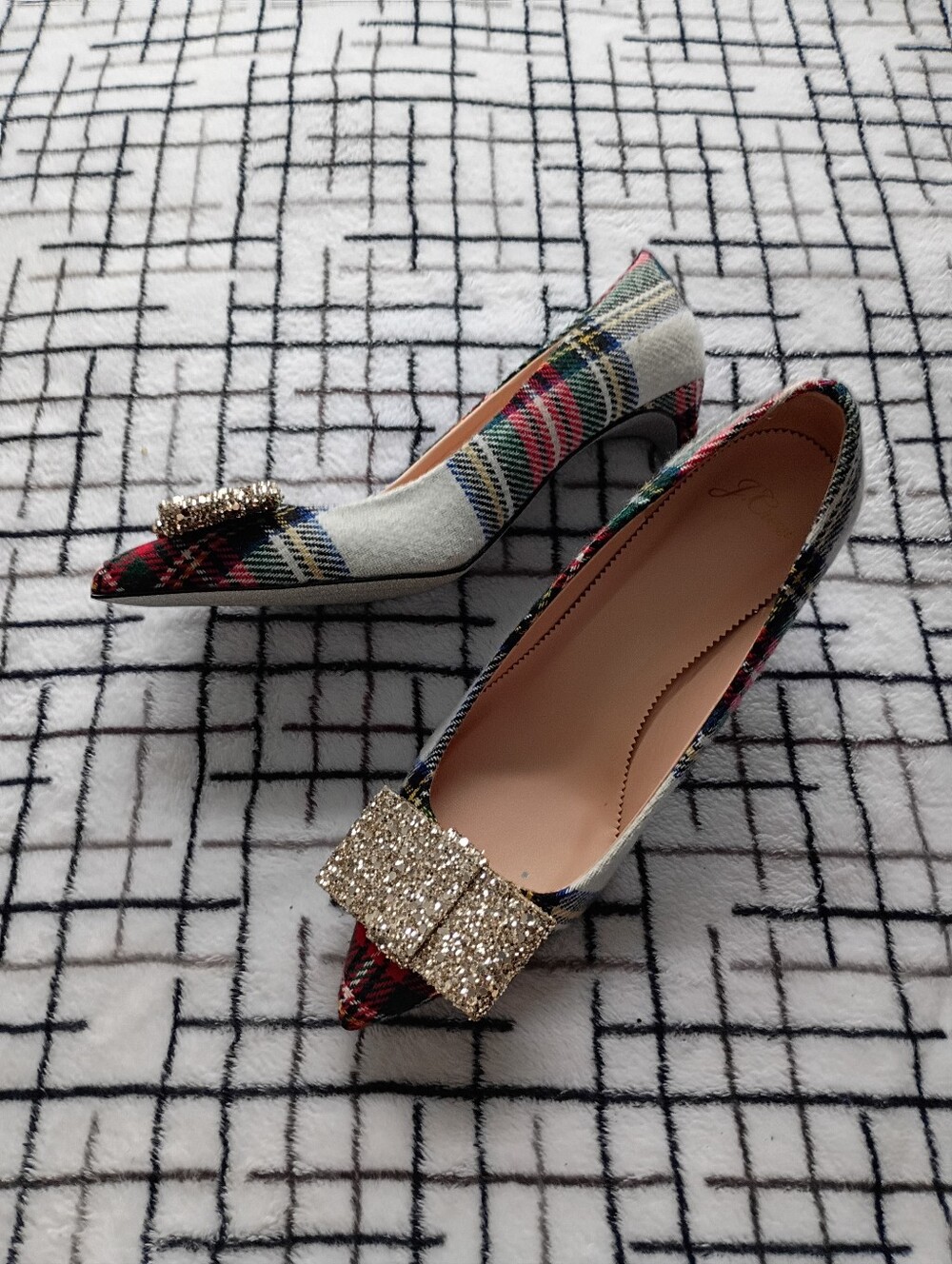 J. Crew Colette Pumps Plaid Gold Glitter Bow Pointed Toe Heels Size 8.5 NWOT - Picture 4 of 8